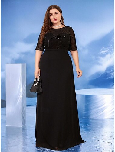 A-Linje Plus Size Klänningar Elegant Curve Klänning Formell Bröllop Golvlängd Halvärm Rundhals Chiffon med Beading 2025