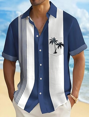  Herren Kokospalme Tropische Pflanzen Hemd Sommer Hawaiihemd Knopfhemd Kurzarm Hawaiianisch Ferien Strandbekleidung Sommer Frühling Umlegekragen 3D-Druck Hemden mit Kragen Eine Tasche vorne Rote Blau