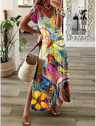  Femmes Robe maxi Robe Décontractée Robe d'Été Robe trapèze Élégant Vacances Occasionnel Plage Coupe régulière Fleuri Graphique Abstrait Manche Courte Col en V Colourful Été Printemps