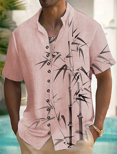  Herren Blatt Pflanzen Bambus Hemd Knopfhemd Stehkragenhemd Kurze Ärmel Modisch lässig Urlaub Strandbekleidung Sommer Frühling Großvaterkragen Mandarinkragen 3D-Druck Leinenähnliches Hemd Rosa Grün