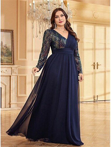  A-Linie Plus Size Kleider Elegantes Kurvenkleid Formelles Hochzeitskleid Bodenlang Langarm V-Ausschnitt Chiffon mit Pailletten 2025