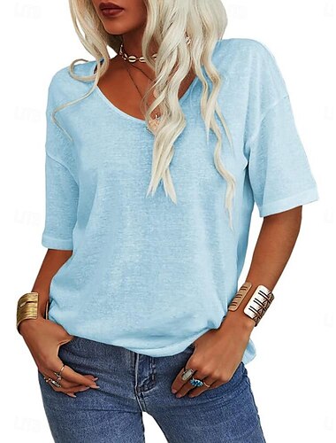  Damen Bluse Einfarbig Täglich Basic Lässig Kurzarm V Ausschnitt Normale Oberteile Täglich Schwarz Weiß Rosa Blau Sommer