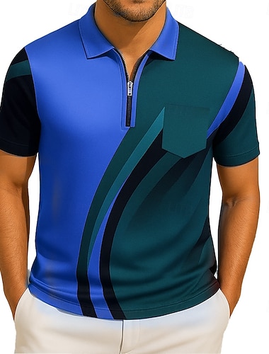  Herren Polo Urlaub Alltagstauglich Revers Kurzarm Hawaiianisch Freizeit Geometrisch Linie Reißverschluss Sommer Blau Gold Polo