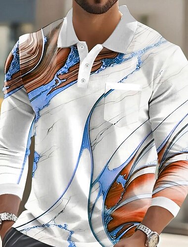  Herren Marmor Polo Langarm Polo-Shirts Hemden mit Kragen Lässig Geschäft Athleisure Alltagskleidung Tasche 3D-Druck Knöpfe Frühling Herbst Winter Rote Blau Purpur