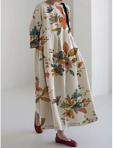  Damen Midikleid Sommerkleid A Linie Kleid Urlaub Lässig Strand Ferien Lässiger Schnitt Blumen Grafik Langarm Rundhalsausschnitt U-Boot-Ausschnitt Hellgrün Khaki Grau Sommer Frühling