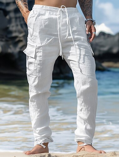  Homme Pantalons Cargo Pantalons en Lin Pantalons Pantalon d'été Taille Élastique Cordon de serrage Multi-poches Uni Confort Respirant Longueur complète Occasionnel Quotidien Fête Vacances Mode Noir