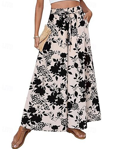  Damen Weites Bein Stoffhosen Streetwear Lässig Volle Länge Natürliche Taille Blume Tasche Elastischer Bund Drucken Bequem Außenbereich Urlaub Ausgehen Hellgelb Magenta Schwarz Dunkelmarine Herbst