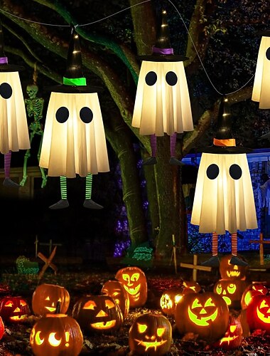  3 luces colgantes de Halloween para exterior de 60 cm, luminosas, con forma de sombrero de bruja y patas largas, para exterior, interior, fiesta de Halloween, árbol, techo, pared, ambiente festivo, luz decorativa, tres pilas de botón.