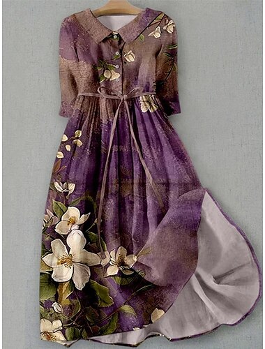 Damen Midikleid Shiftkleid Urlaub Lässig Boho Täglich Ferien Teegesellschaft Normale Passform Blumen Grafik Halbarm Revers Weiß Rosa Leicht Braun Blau Sommer Frühling