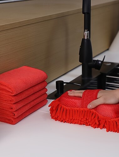  6-teiliges Set – enthält 1 Chenille-Reinigungsschwamm mit Handschlaufe und 5 weiche, kratzfreie Mikrofasertücher, wiederverwendbar für Auto, Zuhause und Küche.