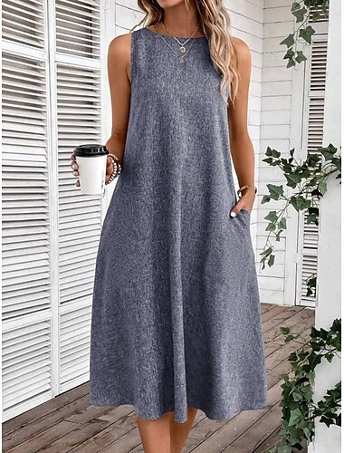  Damen Midikleid Sommerkleid A Linie Kleid Urlaub Party Lässig Geburtstag Täglich Ferien Normale Passform Grafik Einfach Ärmellos Rundhalsausschnitt Marineblau Rosa Blau Grau Sommer