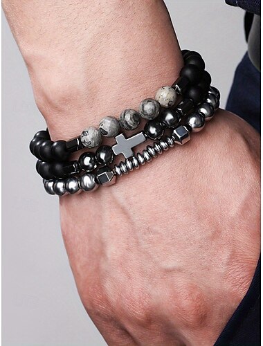  Herren-Armbandset mit Kreuzperlen aus Obsidian – mehrschichtige matte Obsidian- und Metallperlen mit grauer Edelsteinverzierung, Stretch-Design, Bohème-Stil, geeignet für den Alltag oder einen legeren Ausflug