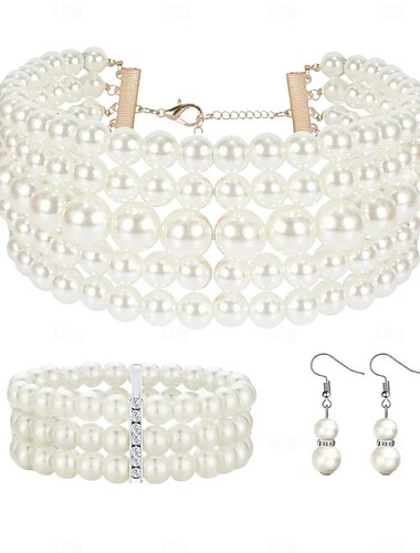  Brautschmuck-Sets 1 Set Perlen Strass Ohrringe Halskette Armbänder Damen elegantes stilvolles süßes Schmuckset für Hochzeit Arbeit besondere Anlässe