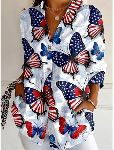  Unabhängigkeitstag Damen Patriottische Vierter Juli Hemd Grafik Flagge Vintage Tropisch Stilvoll Langarm Hemd Kragen Reguläre Tops Arbeit Täglich Knöpfe Druck Schwarz Weiß Rot Hellblau Herbst