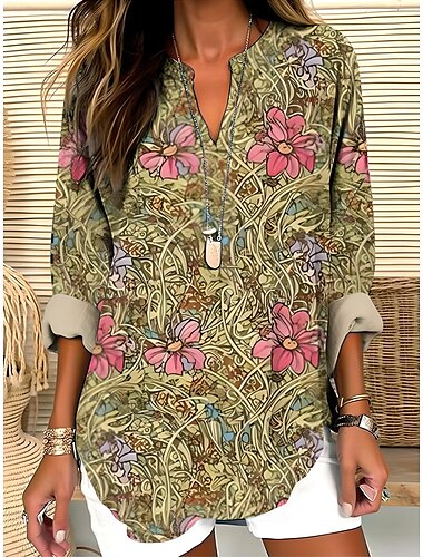  Damen Sommeroberteile Blumen Grafik Vintage Tropisch Hawaiianisch Langarm V Ausschnitt Normale Oberteile Täglich Ferien Strandbekleidung Druck Rosa Blau Himmelblau Khaki Beige Sommer Frühling
