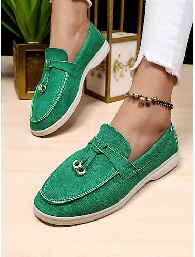  Grüne Wildleder-Loafer für Damen, leichte Flats mit goldenem Bit-Detail für lässige Outfits und tägliche Verabredungen
