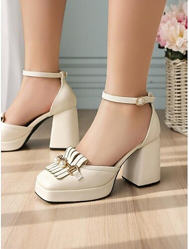  Mocasines vintage de plataforma con tacón grueso para mujer, años 50: zapatos de tacón de piel sintética color crema con punta redonda, borla de perla y correa en el tobillo para bodas, fiestas y eventos formales.
