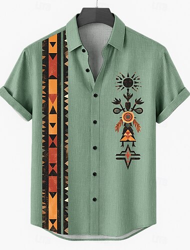  Voor heren Linnen overhemd Zomer overhemd Strand Kleding Overhemd met knopen Tribal Vakantie Casual Bruin Groen Khaki Korte mouw Strijkijzer Zomer Lente Kleding