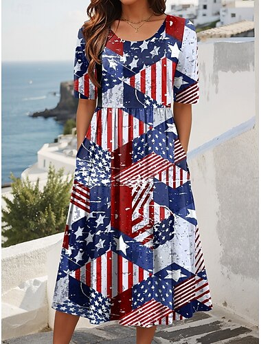  Unabhängigkeitstag Damen Patriotisches Midi-Kleid Vierter Juli Sommerkleid Plissiertes Kleid Urlaub Lässig Feiertags Lockerer Schnitt Grafik Gestreifte Amerikanische Flagge Halbe Ärmel