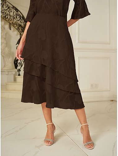  Dam Kjol Elegant Midi Medium Midja Kjolar Blommig Multi lager Oelastisk Fest Casual Brun Sommar Chiffong