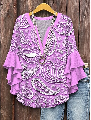  Damen Bluse Grafik Paisley-Muster Täglich Stilvoll Lässig Dreiviertelarm V Ausschnitt Normale Oberteile Täglich Ferien Urlaubskleidung Druck Blau Purpur Grün Khaki Sommer Frühling