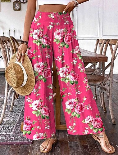 Dam Byxor Palazzo byxor Mode Boho Fullängd Hög midja Blommig Elastisk midja Bekväm Microelastisk Gata Dagliga kläder Utekväll Rosa Orange Sommar Vår Normal