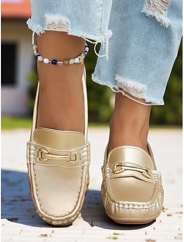  Damen-Loafer aus goldenem Kunstleder – klassische Slip-On-Mokassins mit Metalldetails für den täglichen Weg zur Arbeit und Wochenendausflüge