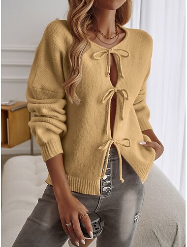  Damen Bluse Einfarbig Stilvoll Lässig Langarm Rundhalsausschnitt Normale Oberteile Täglich Vorderknoten Schwarz Gelb Rosa Aprikose Sommer Frühling Winter