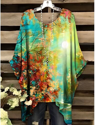  Damen Bluse Blumen Grafik Elegant Vintage Täglich Kurzarm Fledermaus Ärmel Rundhalsausschnitt Normale Oberteile Täglich Ferien Urlaubskleidung Rosa Blau Grün Regenbogen Sommer Frühling