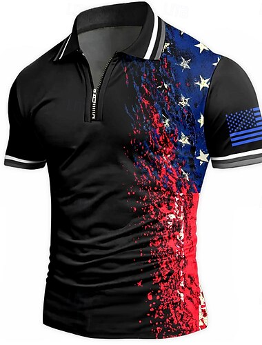  Amerikanischer Unabhängigkeitstag Herren Amerikanische US-Flagge Poloshirts mit Reißverschluss Kurzarm Polo-Shirts Hemden mit Kragen Lässig Athleisure Alltagskleidung 3D-Druck Sommer Schwarz Blau