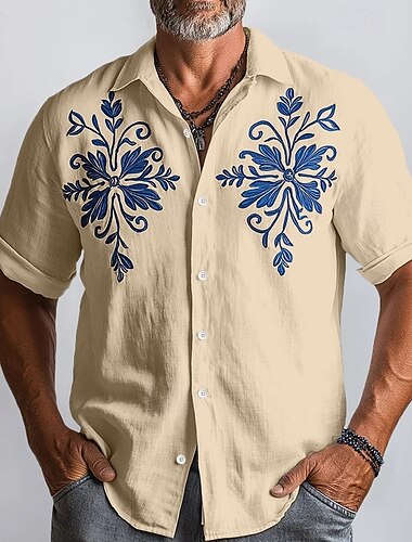  Herren Leinenhemd Sommerhemd Strandbekleidung Knopfhemd Blumenmuster Urlaub Lässig Weiß Blau Khaki Kurzarm Umlegekragen Sommer Frühling Bekleidung