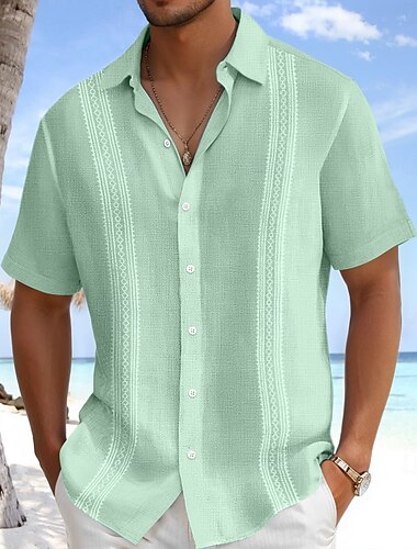  Herren Leinenhemd Guayabera Hemd Strandbekleidung Knopfhemd Texture Urlaub Lässig Weiß Blau Grün Grau Kurzarm Umlegekragen Sommer Frühling Bekleidung