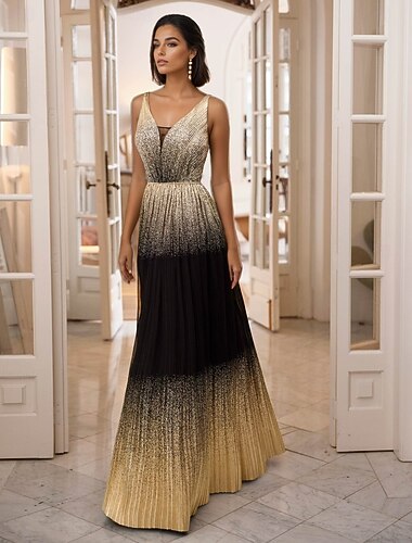  Schwarz und Gold A-Linie Abendkleid Elegantes Kleid Formelle Hochzeit Bodenvoll Ärmellos V-Ausschnitt Umwandelbares Chiffon mit Raffung