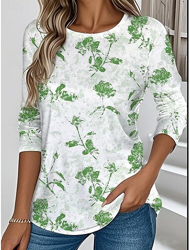  Damen T Shirt Blumen Grafik Stilvoll Trendy Langarm Rundhalsausschnitt Normale Oberteile Täglich Wochenende Druck Blau Purpur Grün Sommer
