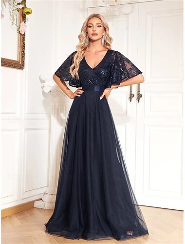  A-Line Quinceanera Kleider Elegantes Kleid Formelle Hochzeit Bodenlänglich Kurze Ärmel V-Ausschnitt Polyester mit Falten