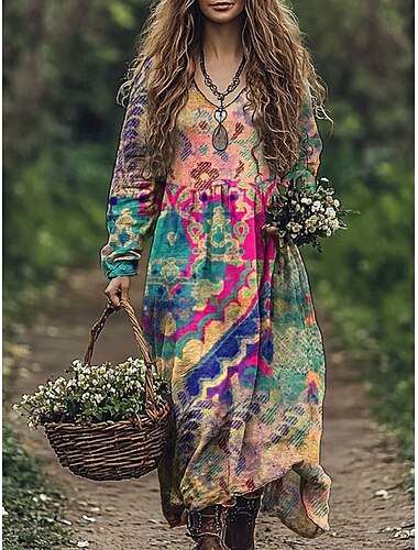  Damen Maxikleid A Linie Kleid Urlaub Lässig Boho Ausgehen Strand Lässiger Schnitt Blumen Grafik Geometrisch Langarm V Ausschnitt Rosa Blau Orange Grün Frühling Herbst