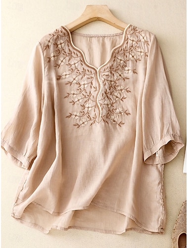  Damen Baumwoll-Leinen-Hemden Einfarbig Stilvoll Basic Lässig Dreiviertelarm V Ausschnitt Normale Oberteile Täglich Bestickt Hellgrün Rosa Purpur Khaki Sommer