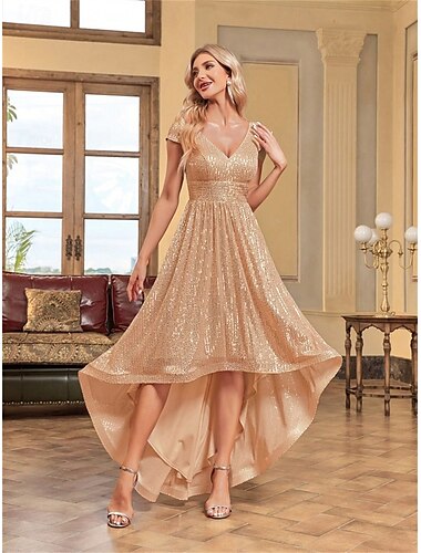  A-Linie Quinceanera-Kleider Elegant Kleid Formell Hochzeit Asymmetrisch Kurzarm V Ausschnitt Polyester V-Ausschnitt mit Paillette 2025