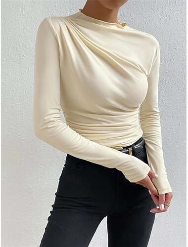  Damen Bluse Einfarbig Elegant Stilvoll Basic Langarm Rundhalsausschnitt Normale Oberteile Täglich Gerafft Schwarz Weiß Braun Hellgrau Aprikose Sommer Frühling