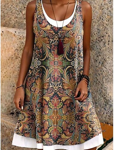  Femmes Mini Robe Robe T-Shirt Robe d'Été Robe trapèze Vacances Occasionnel Boho Quotidien Coupe Ample Fleuri Graphique Paisley Sans manches Col en U Orange Vert Été Printemps