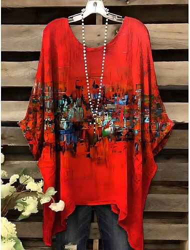 Damen Bluse Grafik Leopard Geometrisch Elegant Vintage Täglich Kurzarm Fledermaus Ärmel Rundhalsausschnitt Normale Oberteile Täglich Ferien Urlaubskleidung Rote Blau Orange Khaki Sommer Frühling