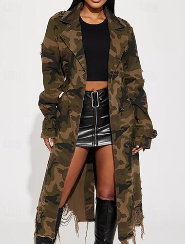  Damen Trenchcoat Bequem Knöpfe Tasche Modern Streetstyle Tarnung Outdoor Ausgehen Einreihig Lang Umlegekragen Normale Passform Langarm Oberbekleidung Hellgrün Dunkelgrün Herbst Winter