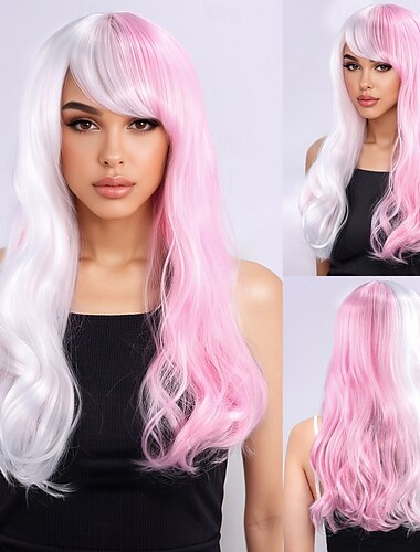  Pelucas sintéticas Ondulado Rizo hinchable Corte a capas Con flequillo Hecho a Máquina Peluca 20 pulgadas A1 Pelo sintético Mujer Clásico Adorable Cómodo Rosa