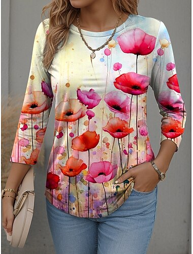  Damen T Shirt Grafik Landschaft Mode Modern Lässig Langarm Rundhalsausschnitt Rundhals Normale Oberteile Täglich Wochenende Druck Rosa Rote Blau Orange Frühling Herbst Winter