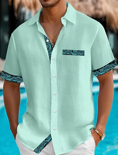  Herren Hemd Leinenhemd Sommerhemd Strandhemd Knopfhemd Stammes Lässig Ferien Schwarz Weiß Himmelblau Grün Kurzarm Umlegekragen Sommer Bekleidung Fronttasche