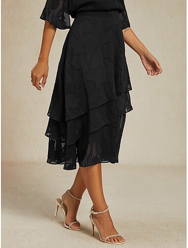  Damen Rock Elegant Midi Mittlere Taille Röcke Blumenmuster Geschichtet Unelastisch Party Lässig Schwarz Sommer Chiffon