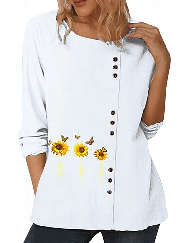  Damen Bluse Blumen Grafik Pflanzen Elegant Vintage Mode Langarm Rundhalsausschnitt Normale Oberteile Täglich Ausgehen Wochenende Weiß Blau Dunkelblau Herbst