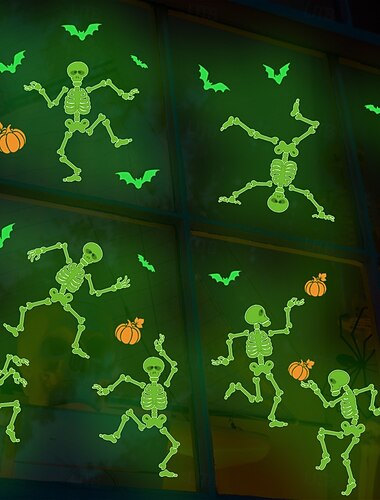  Halloweenské samolepky svítící ve tmě, svítící samolepky na zeď s lebkou, netopýrem a dýní na sklo, kreativní halloweenská dekorace do obývacího pokoje, samolepicí