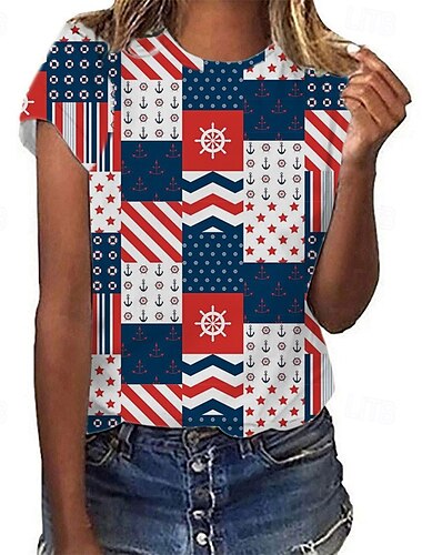  Amerikaanse onafhankelijkheidsdag Dames T-shirt Nationale vlag Casual Korte mouw Strakke ronde hals Normale tops Uitgaan Weekend Afdrukken Zwart Wit Rood blauw Zomer