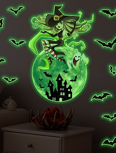  Halloween stickers, glow in the dark decoratie, lichtgevende pompoen, heks, spook, spookhuis, maan en vleermuis muurstickers, zelfklevende Halloween slaapkamerdecoratie